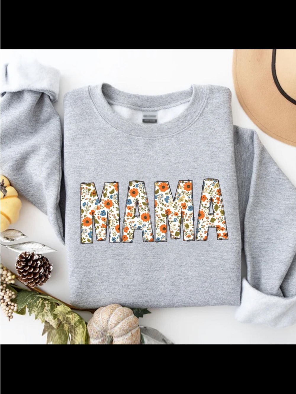 Gildan Gray 'MAMA' Floral Crewneck Sweatshirt